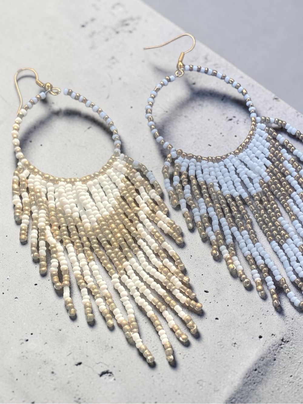 Beaded Fringe Hoop Earrings - White & Light Blue with Gold Accents